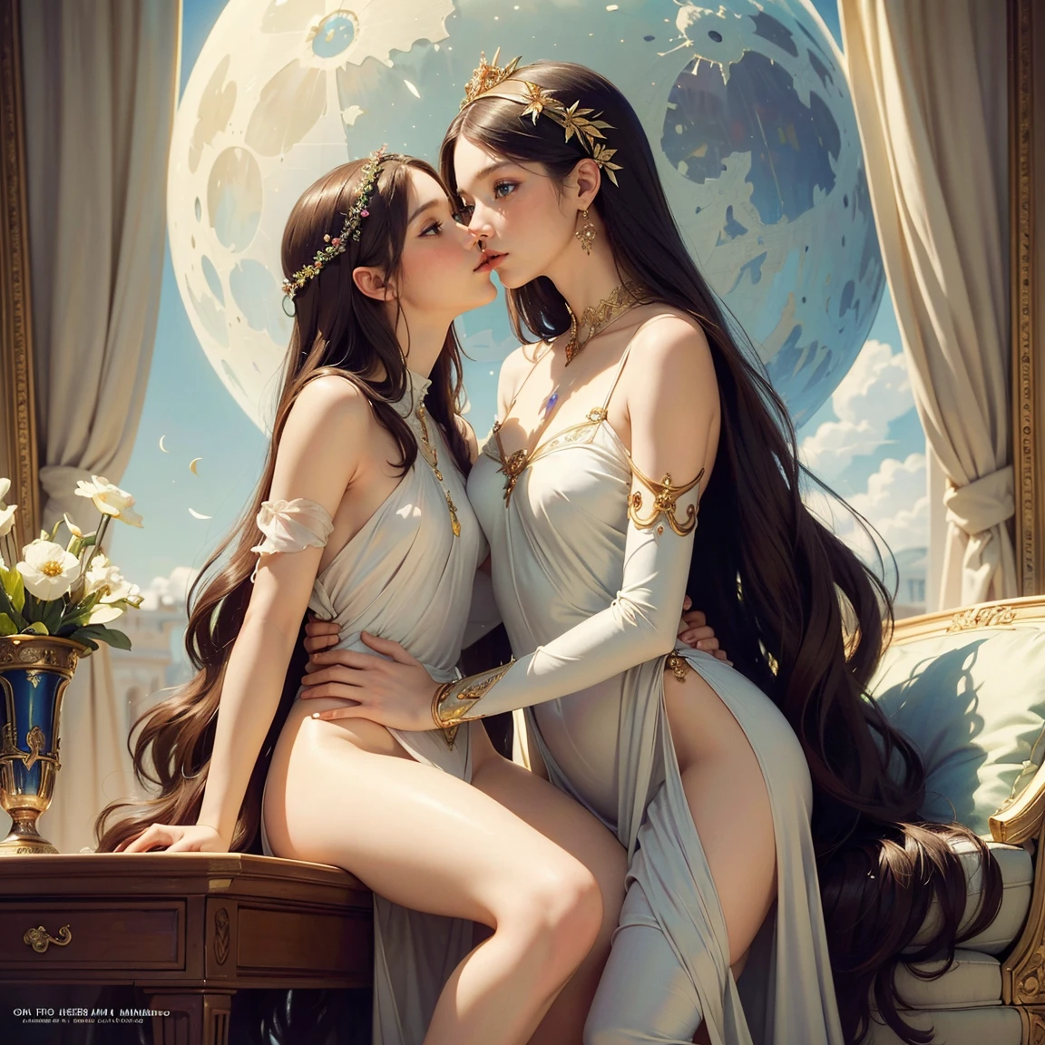 (masterpiece, highest quality, official art, beauty and aesthetic:1.5), oil painting by Leonardo da Vinci and Alfons Maria Mucha, (perfect anatomy), two gorgeous and stunning pale-skinned young pregnant goddesses is deeply in love with each other, kiss, fantastic make-up, jewelry, romantic atmosphere, flower and moon, magnificent panorama view