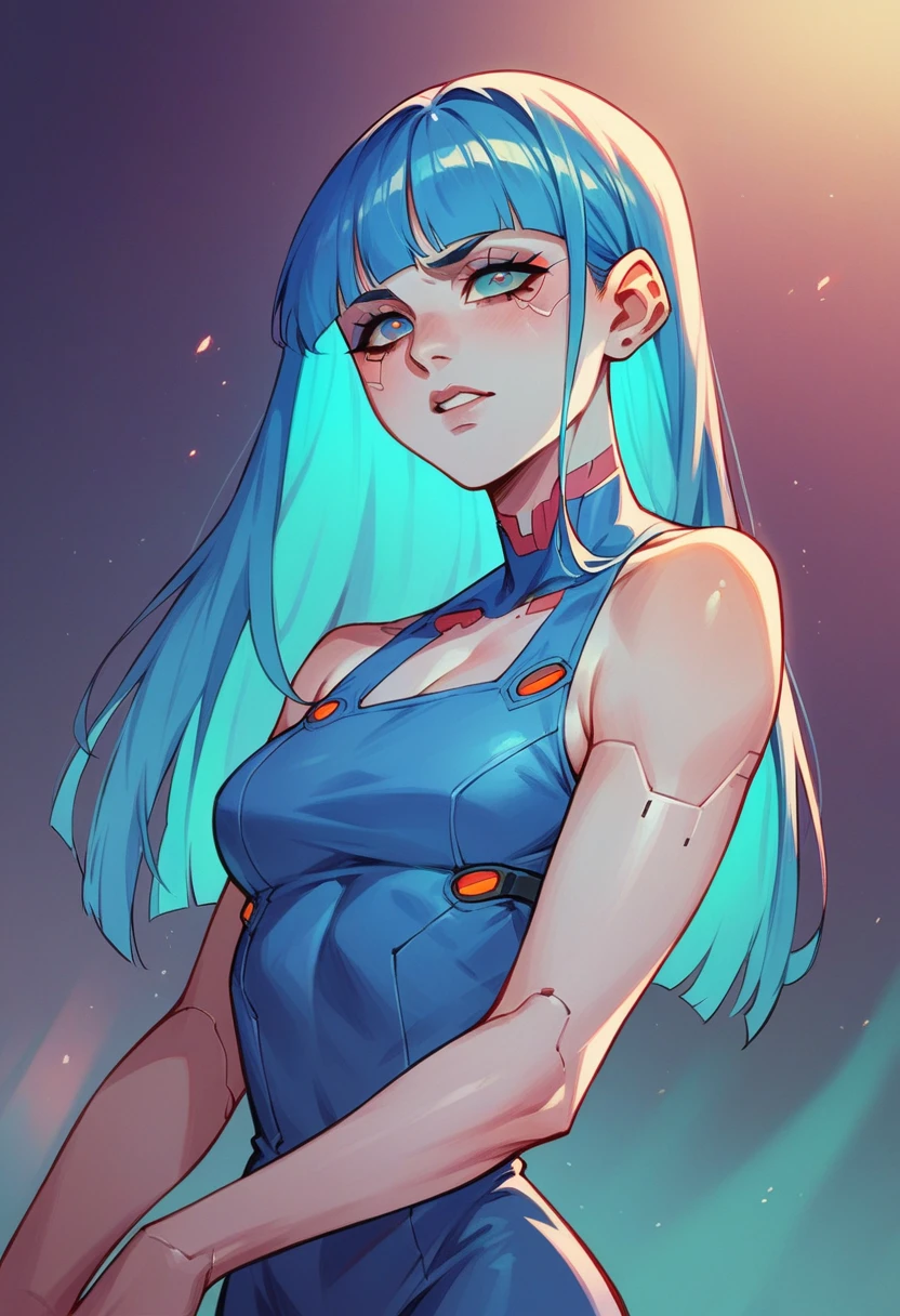 beautyfull woman, blue fringe hair, blue dress, cyberpunk clotches, robotic,