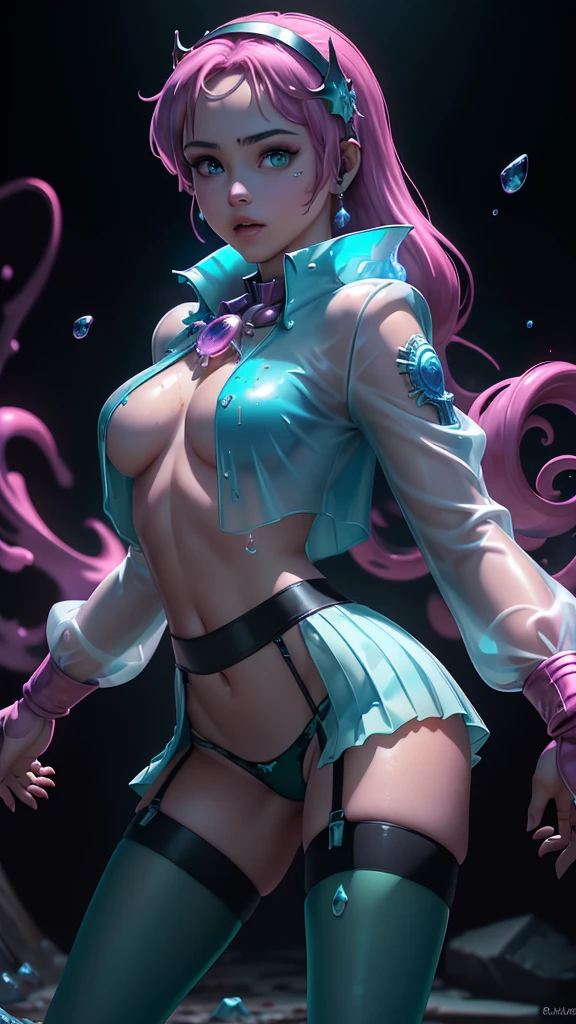 (La mejor calidad,A high resolution,Ultra - detallado,actual),Athena Asamiya cyborg white mecánico plastic transparent ,(cyborg mecánica transparent plastic white :1.4) , (Fondo de ruinas de mazmorra en ruinas cyberpunk :1.4 ), (Red Blazer Uniform:1.4) ，(Pleated mini skirt:1.4)，Red Gloves，(Black Tin High Stockings:1.4 )，Intricate details，(Supermodel:1.4) ，Super Idol，(Sing backwards:1.4), (Spread your legs and wiggle your hips:1.4 )，(T-back panties are visible:1.3)，((Sexy sink eyes))，Detailed Pixels，Dynamic Angle，Professional Lighting，Pink lighting on stage, high quality, (RAW photo, best quality), (realistic, photorealistic: 1.4), (extremely delicate and beautiful: 1.4), amazing, fine details, masterpiece, ultra detailed, high resolution, best illustration, best shadow, intricate, ( extremely intricate: 1.2), (exquisitely detailed skin), cinematic light, perfect anatomy, (cool color: 1.4), sharp focus, 8k UHD, DSLR, (Fujifilm XT3),(anatomía perfecta detallado :V2.1), (face detailed :1.4), (iluminación cinematográfica :1.4), Epic Fantasy Art Style HD, 4K fantasy art, epic fantasy digital art style, epic fantasy art style, Fantasy Woman, epic fantasy art portrait, Epic fantasy style, hyperrealistic fantasy art, hd fantasy art, Epic fantasy character art, epic fantasy art, in style of dark fantasy art, epic fantasy digital art, (pose vaquero :1.4), (Asamiya Athena:1.4), More detailed 8K.motor irreal:1.4,UHD,La mejor calidad:1.4, fotorrealista:1.4, textura de la piel:1.4, obra maestra:1.8,obra-prima, mejor calidad,objeto Objeto], (detailed face features:1.3),(Las proporciones correctas),(Ojos hermosos azules),  (pose vaquero), ,(Fondo de ruinas de mazmorra en ruinas slime transparent :1.4 ),( Slime neón violent y pink :1.4), (Slime transparente V2.1) 
