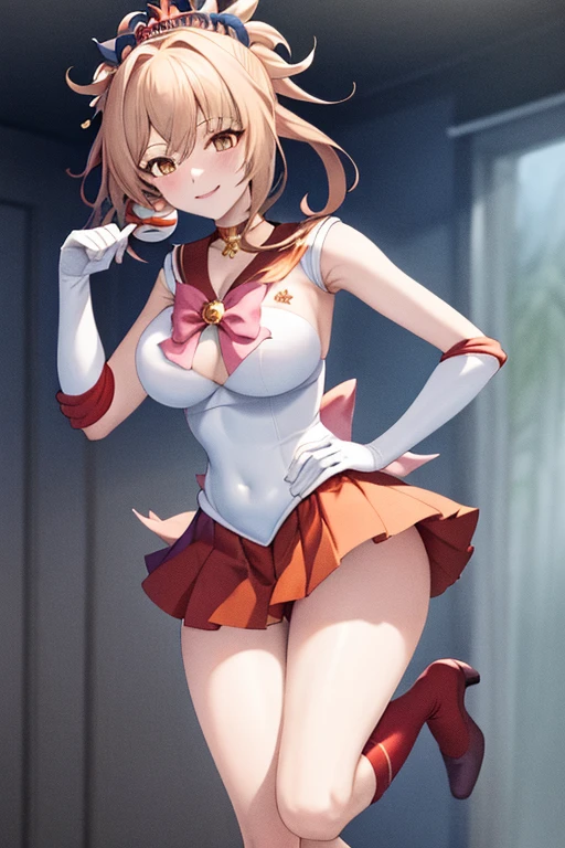 masterpiece, high definition, best quality, rendered art, well formed hands, fingers and body, 1 woman, solo, Yoimiya , adult, grown up, wearing Sailor Moon's outfit, big breasted, cleavage, full body, sexy sailor senshi uniform, short blue skirt, red boots, gorgeous hips, legs and thighs, blond, white elbow gloves, sailor collar, tiara, earrings, dancing seductively and erotically, shaking her body alluringly, wind lifting skirt, smiling joyfully and brightly, looking at the viewer, flirting, beach environment
