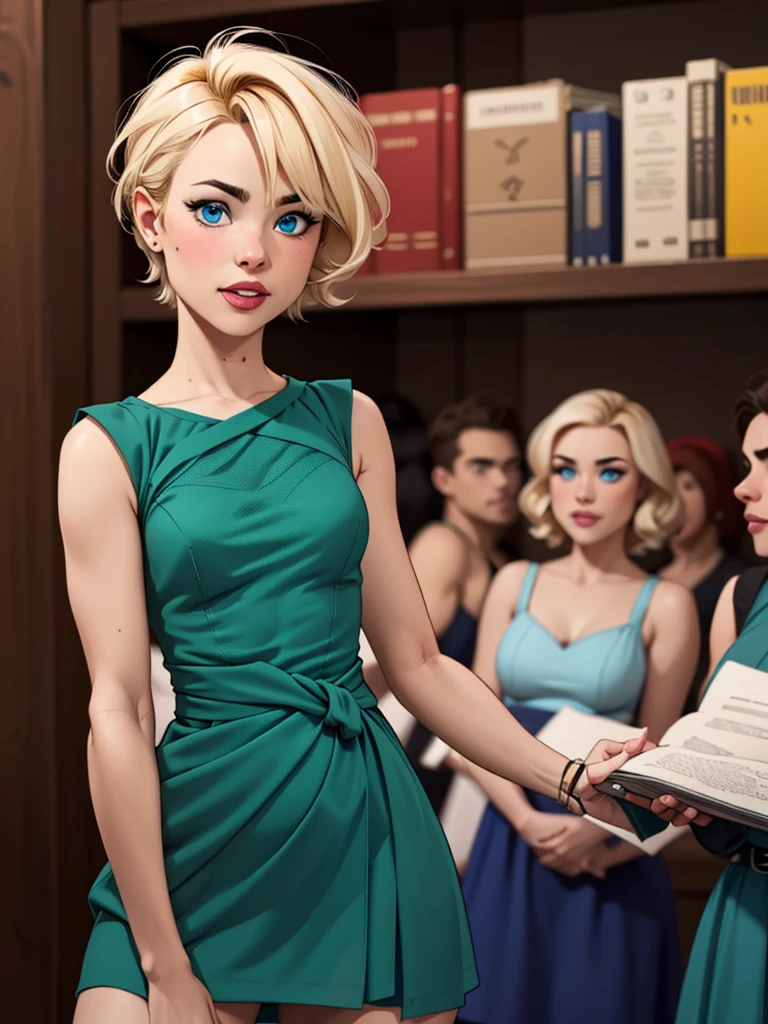 Blonde girl with short hair, blue eyes, With a green dress, tight on the body, marking the waist, short dress,