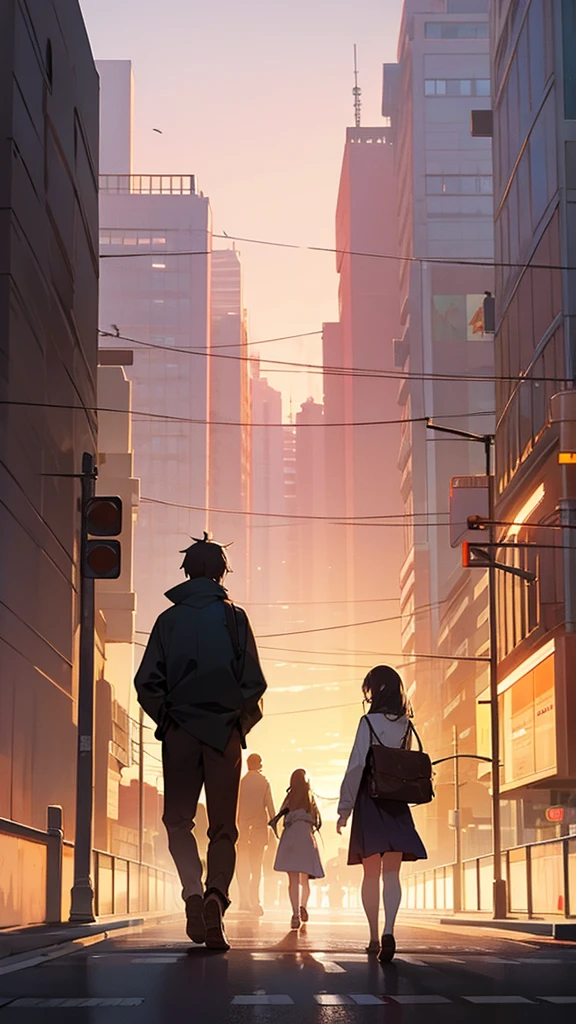 Create two friends walking in street, with sunset time, the street should have trees covered both the sides, the view should be from back side