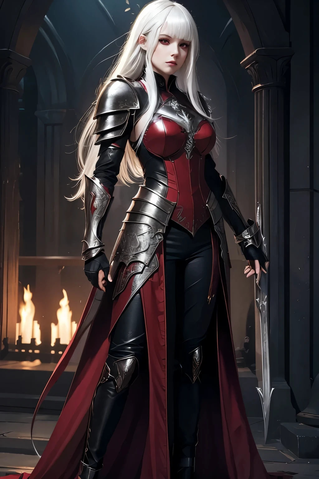 masterpiece, high quality, ultra-detailed, high resolution, dnd female vampire, white hair, hair hip length, deep red eyes, mouth half open, armor, full body