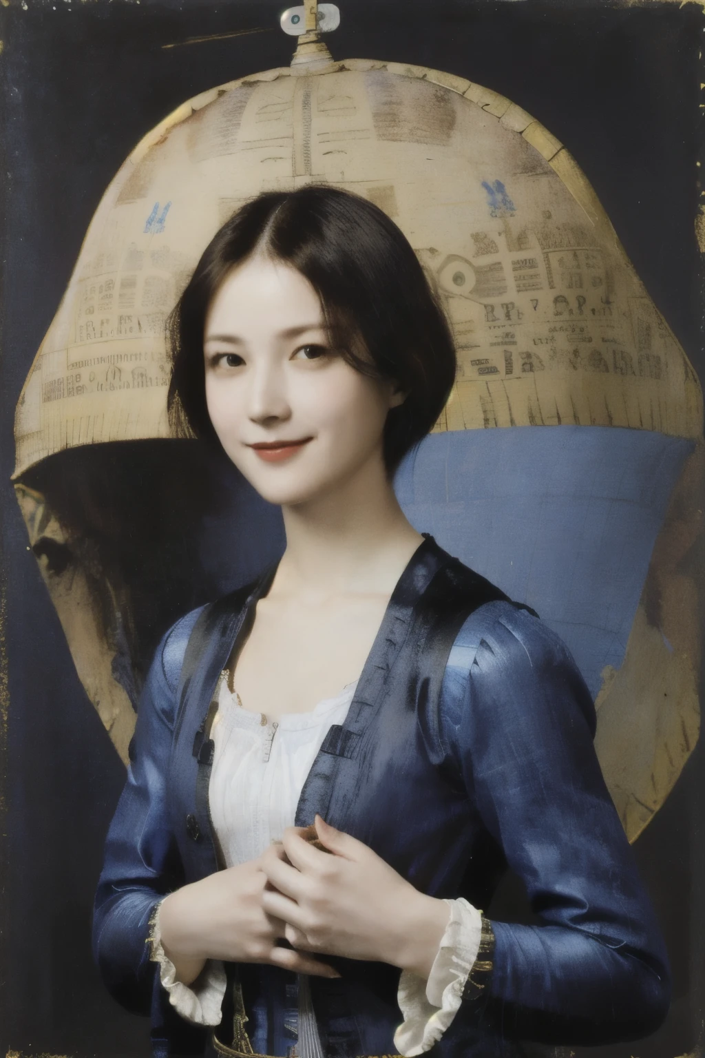 263 20-year-old female,(Short Hair 46),(chest:1.5),Old-fashioned smile,(Paintings by Leonardo da Vinci),(airship,Blueprint)