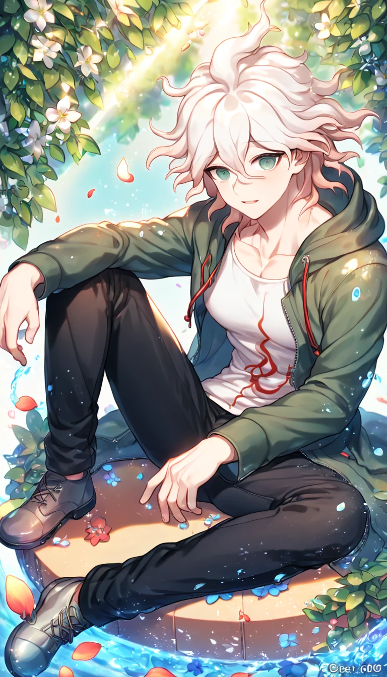 Ultra detailed, HDR, Highres, absurdres, master piece, Komaeda Nagito, white hair, expressive light gray-green eyes, green coat with hoodie, white tight shirt, black pants, gray shoes, Danganronpa, sexy man sitting, handsome, flowers, petals, fantasy, magical, green leaves, summer, handsome, sensual, best quality, glittering, solo, manly man, water