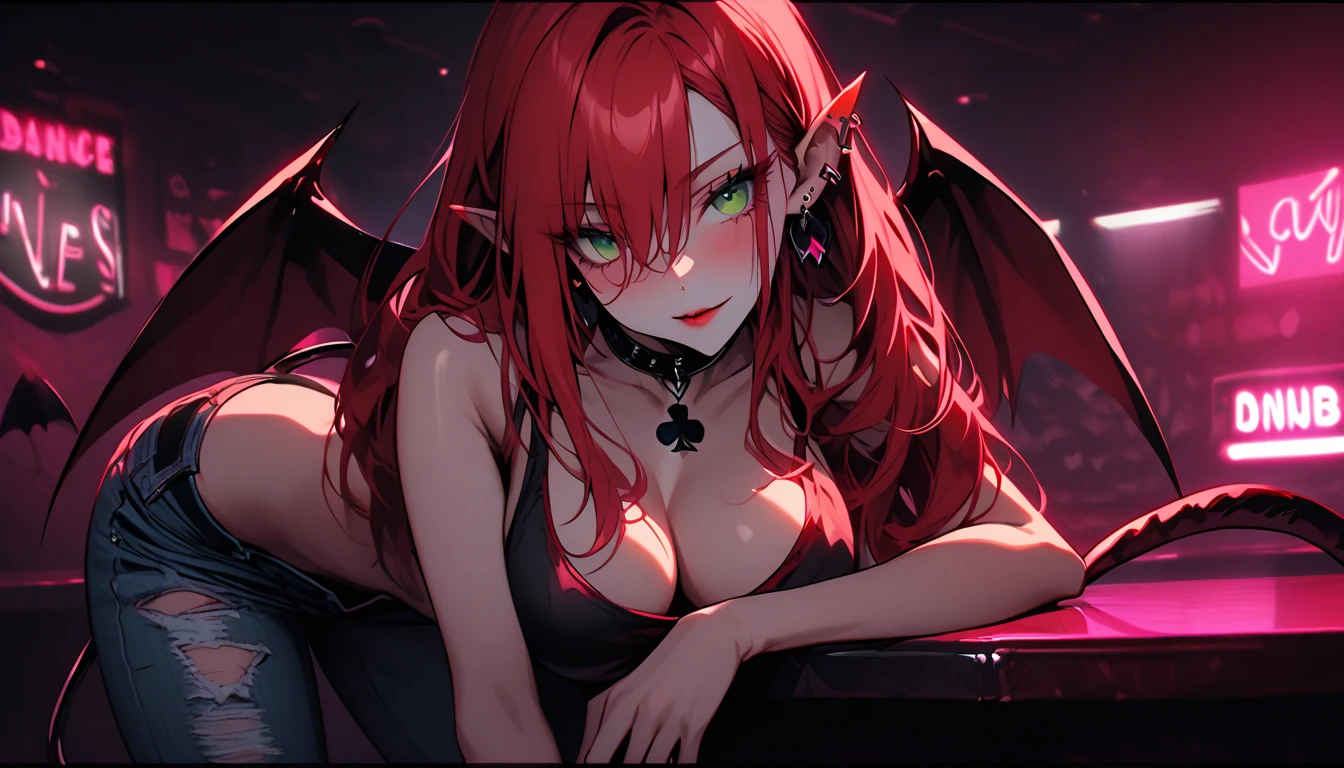 solo, female, vain pose, jewelry, close up, extremely attractive, flawless porcelain skin, long lustrous wavy red hair, red eyes, huge breasts, seductive smile, luxurious, elegant gala dress, ball room, velvet curtain, succubus, horns, demon wings, spade tail, billowing dress, conservative dress, seductive, vain, champagne, pinup pose, come hither gesture