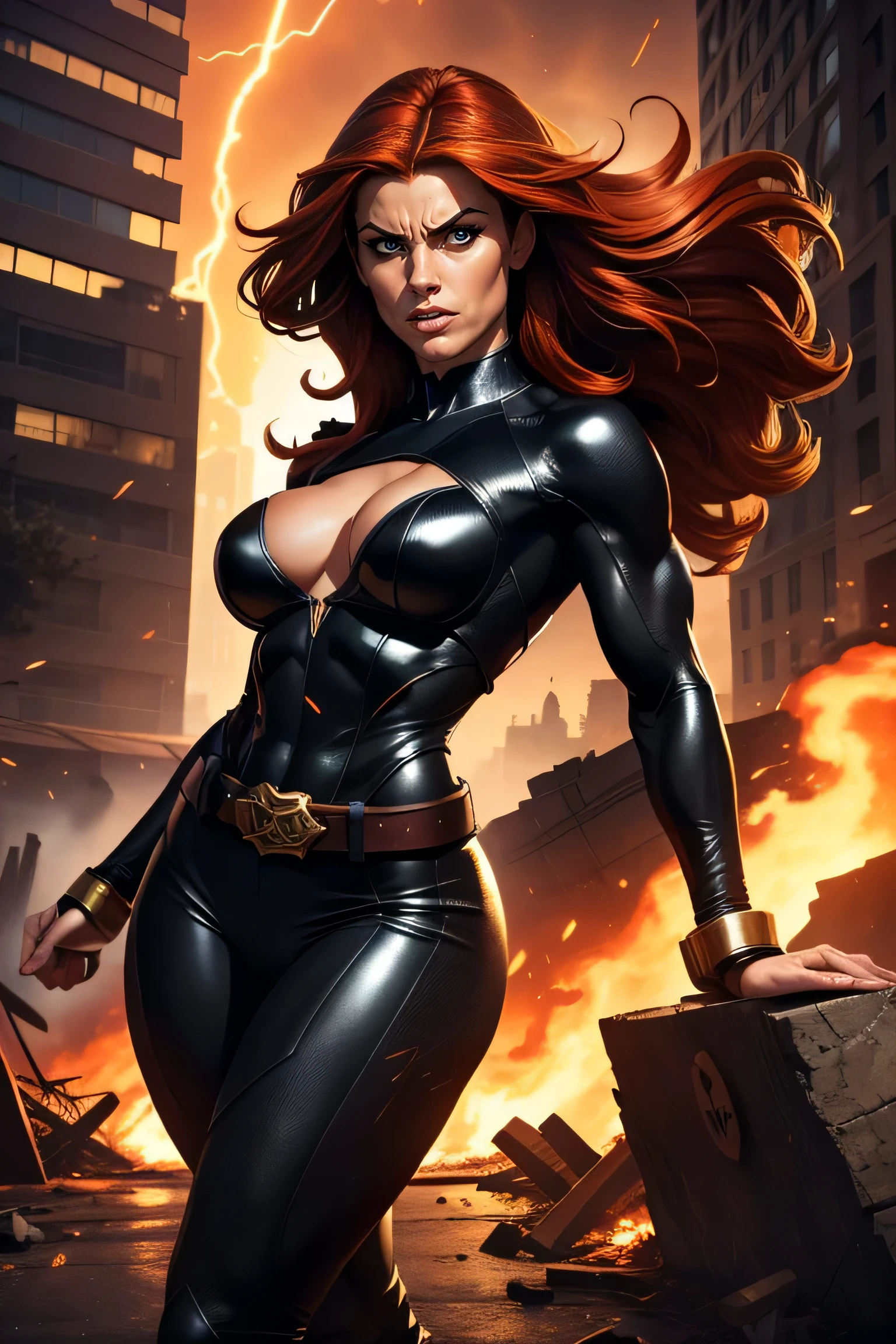 (a mulher está em postura dinâmica e agressiva:1,2), advancing at high speed. His body is tilted slightly forward and his right arm is extended with his hand open. Your hair is flying back due to the speed of movement, suggesting rapid advancement. She wears a tight, futuristic combat outfit, black:1.1, that covers the entire body, highlighting your curves and bust. The costume is made of resistant material, with metal details on the wrists and belt with protective elements. There is a red belt around the waist, which adds a touch of color to the predominantly dark look. a (character has an athletic body, Strong and well defined, with robust muscles visible even under the costume: 1.1). Her skin is fair and she has vibrant red hair., which adds a striking contrast to your dark attire. Your eyes are intensely focused, with an expression of determination and anger. His expression is fierce and determined, with eyes showing anger and pride and eyebrows furrowed. Your mouth is open in a battle cry, showing clenched teeth. a intensidade de seu olhar e sua postura geral indicam que ela está em uma luta acalorada. a cena se passa em um ambiente urbano em chamas, in the midst of a devastating battle or attack. Tall buildings can be seen in the background, partially destroyed and engulfed in flames and smoke. There are sparks and debris flying around the character, adding a sense of chaos and destruction. Explosions and fires dominate the background, with intense lights and dramatic shadows creating an atmosphere of urgency and danger. a iluminação quente das chamas reflete no figurino da personagem, highlighting your figure even more amidst the chaos.
fit and athletic body, slutty, perfect hands, detailed hands, perfects eyes, detailedeyes, Glamour, sexly, great realistic, HDR, ultra HD, dynamic, 8k every detail clearly. vector image, perfect muscle sculpting, ((Masterpiece artwork)), ((best qualityer)),