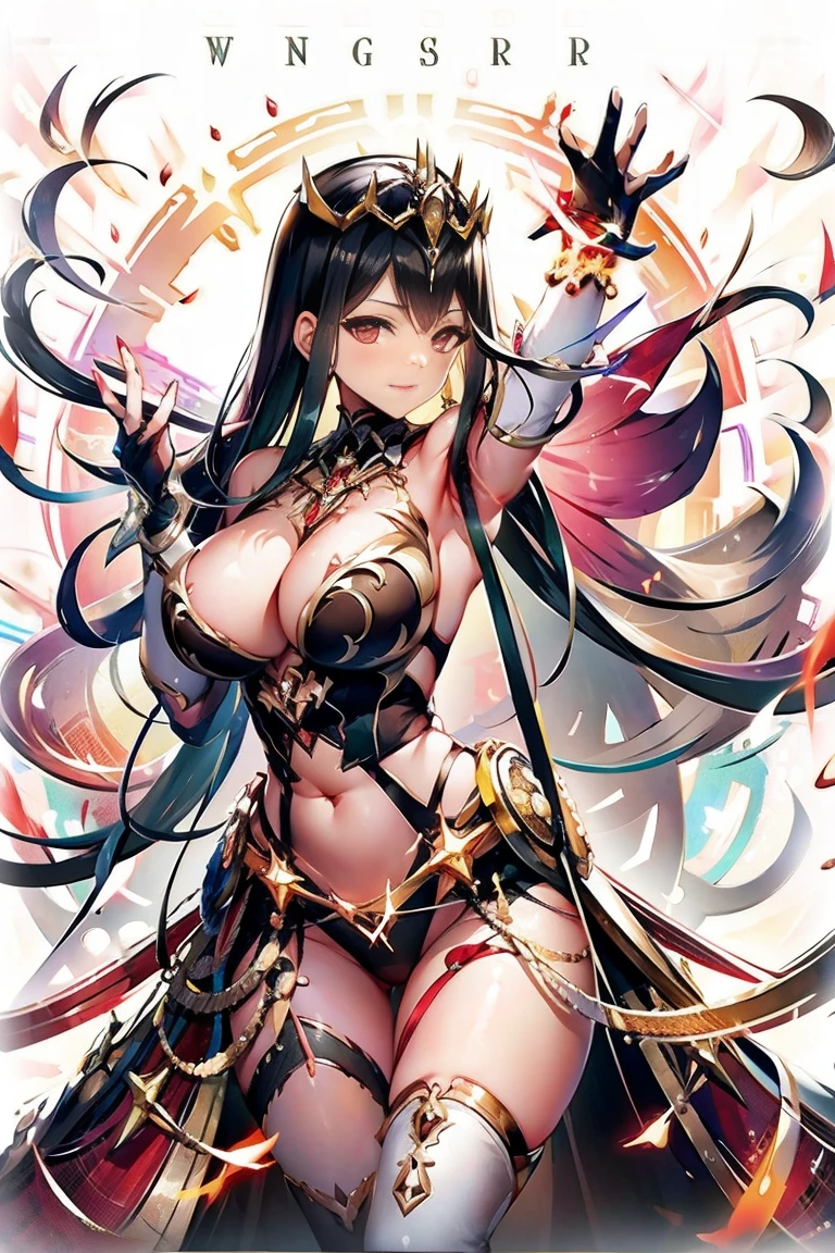 tiara, dress, showgirl skirt, long hair, black hair, red eyes, hair between eyes, cleavage, large breasts, bare thighs, bare shoulder, thighighs, panties, navel, sleeveless, midriff, perfect hands, perfect fingers, acuurate fingers, super fine illustration, best quality, ultra detailed, masterpiece, masterwork, by famous artist, official art, exquisite, beautiful,
