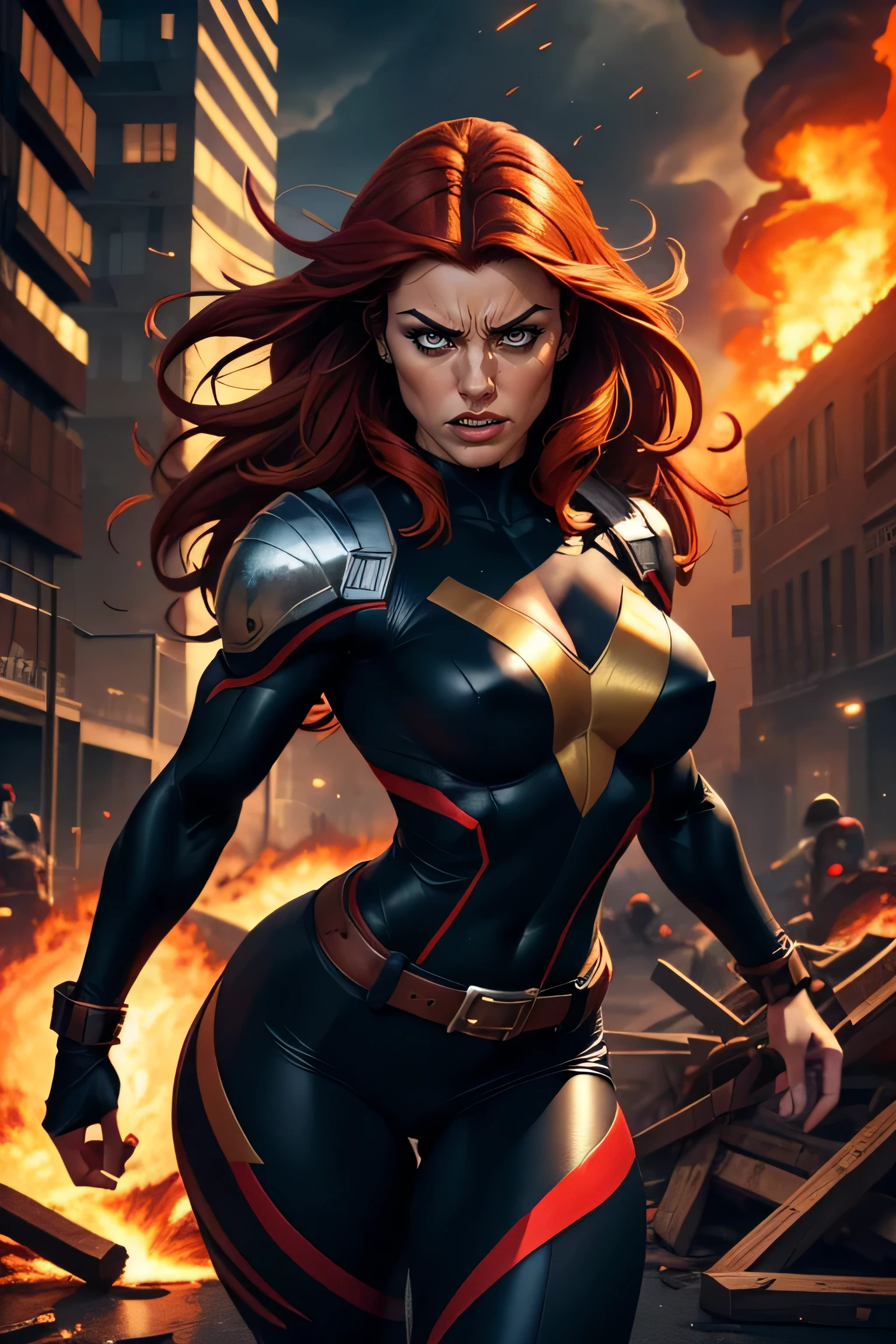 (a mulher está em postura dinâmica e agressiva:1,2), advancing at high speed. His body is tilted slightly forward and his right arm is extended with his hand open. Your hair is flying back due to the speed of movement, suggesting rapid advancement. She wears a tight, futuristic combat outfit, black:1.1, that covers the entire body, highlighting your curves and bust. The costume is made of resistant material, with metal details on the wrists and belt with protective elements. There is a red belt around the waist, which adds a touch of color to the predominantly dark look. a (character has an athletic body, Strong and well defined, with robust muscles visible even under the costume: 1.1). Her skin is fair and she has vibrant red hair., which adds a striking contrast to your dark attire. Your eyes are intensely focused, with an expression of determination and anger. His expression is fierce and determined, with eyes showing anger and pride and eyebrows furrowed. Your mouth is open in a battle cry, showing clenched teeth. a intensidade de seu olhar e sua postura geral indicam que ela está em uma luta acalorada. a cena se passa em um ambiente urbano em chamas, in the midst of a devastating battle or attack. Tall buildings can be seen in the background, partially destroyed and engulfed in flames and smoke. There are sparks and debris flying around the character, adding a sense of chaos and destruction. Explosions and fires dominate the background, with intense lights and dramatic shadows creating an atmosphere of urgency and danger. a iluminação quente das chamas reflete no figurino da personagem, highlighting your figure even more amidst the chaos.
fit and athletic body, slutty, perfect hands, detailed hands, perfects eyes, detailedeyes, Glamour, sexly, great realistic, HDR, ultra HD, dynamic, 8k every detail clearly. vector image, perfect muscle sculpting, ((Masterpiece artwork)), ((best qualityer)),