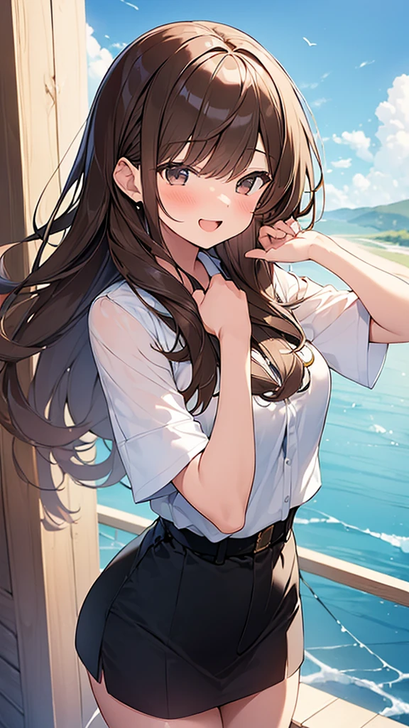 (Masterpiece, Top quality: 1.5), (1 girl, solo :1.2), large breasts:1.2, standard weight, (brown hair:1.4), (airy hair, wavy hair:1.3), long hair ,asymmetry bangs, swept bangs, , smile:1.4, flustered:1.1, dynamic pose, magnificent panorama view, happy:1.2, open mouth, summer:1.3,  __angle__, __pose__,  __hands__,  __items__ __items__ __items__