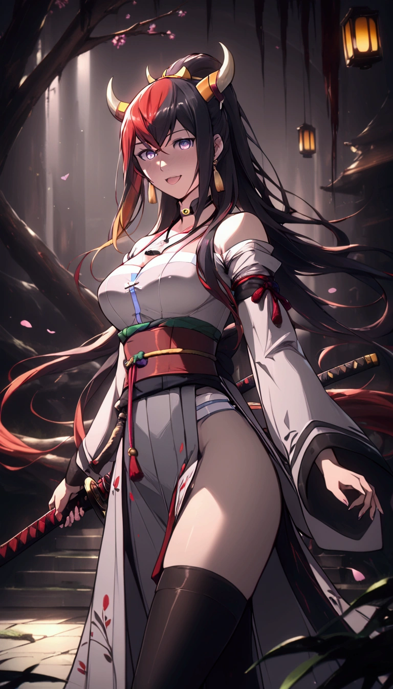 score_9, score_8_up, score_7_up, score_6_up, makise kurisu, red hair, long hair, dark-blue eyes, black pupils, BREAK (masterpiece:1.2), best quality, high resolution, (beautiful detailed eyes:1.3), perfect lighting, (perfect hands, perfect anatomy), 1girl, breasts, japanese clothes, large breasts, solo, weapon, sword, kimono, magatama, katana, sash, jewelry, thighhighs, cleavage, smile, obi, thighs, earrings, rope belt, ponytail, magatama necklace, wide sleeves, looking at viewer, white kimono, open mouth, necklace, detached sleeves, grey kimono, cherry blossoms, black thighhighs, holding weapon, holding, holding sword, long sleeves, bare shoulders, dragon print, weapon over shoulder