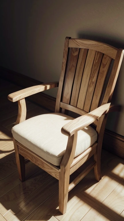 A detailed wooden chair, intricate wood grain, comfortable plush cushion, elegant curved armrests, warm lighting, photorealistic, cinematic composition, dramatic shadows, serene atmosphere, high-quality 3D rendering