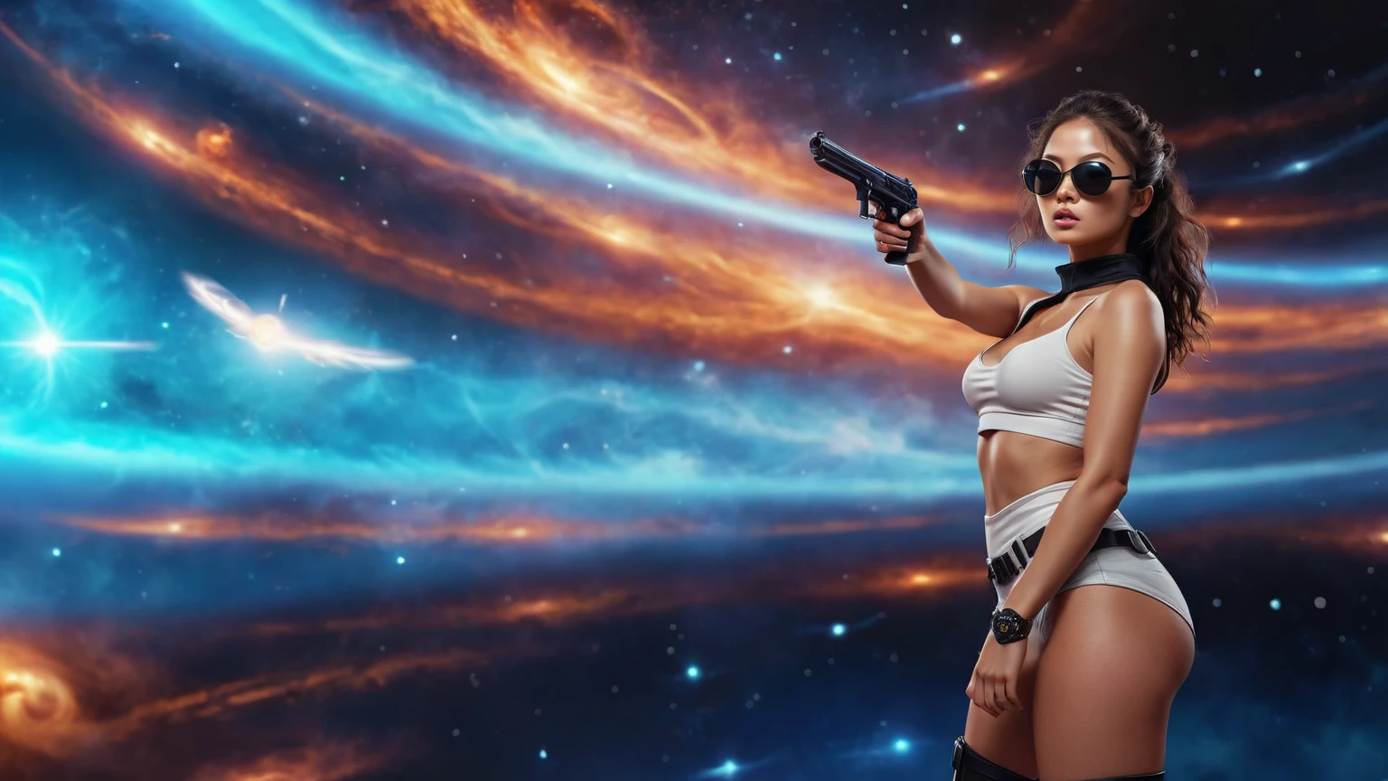 Sci-fi conceptual art, spiral Ying and Yang forces are core balancing factor of the world, wormhole, flying vehicle flying through, dark cosmos as background. (1girl, solo), photo realistic, large-breast:1.2 slim:0.9 body, cleavage:1.2, (matrix style black sunglasses), (holding a mini:1.1 pistol), half-body thigh level medium shot, cinematic lighting, ray tracing.