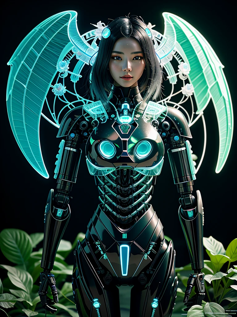 Noser Robot, complex 3d render very detailed of a beautiful death angel, Biomechanical glass-skinned cyborg, analog, 150 mm lens, Beautiful bioluminescence, large leaves and stems, root, high quality leaf lace, colorful details, samurai, Boris Bidjan Saberi&#39;s outfit, pearl earrings, drill, Salvador Dali embroidery fashion, complicated details, wire mesh, Fractal Mandelbrot, Anatomy, facial muscles, wire, Microchip, You bastard!, Too realistic, very detailed, Octane rendering,  Volumetric light, Post production 8K, Red, white and a little black, detailled metalic bones, semi human, rainbow colors, Neon Cloud. Salvador Dali style, White room, power of god, Take photos from a high angle, complex body postures