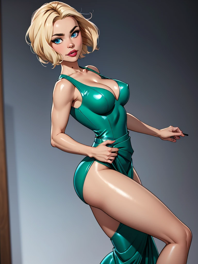 Blonde girl with short hair, blue eyes, With a green dress, tight on the body, marking the waist, short dress,Short green latex dress, bodycon dress, cleavage, defined and shiny breasts