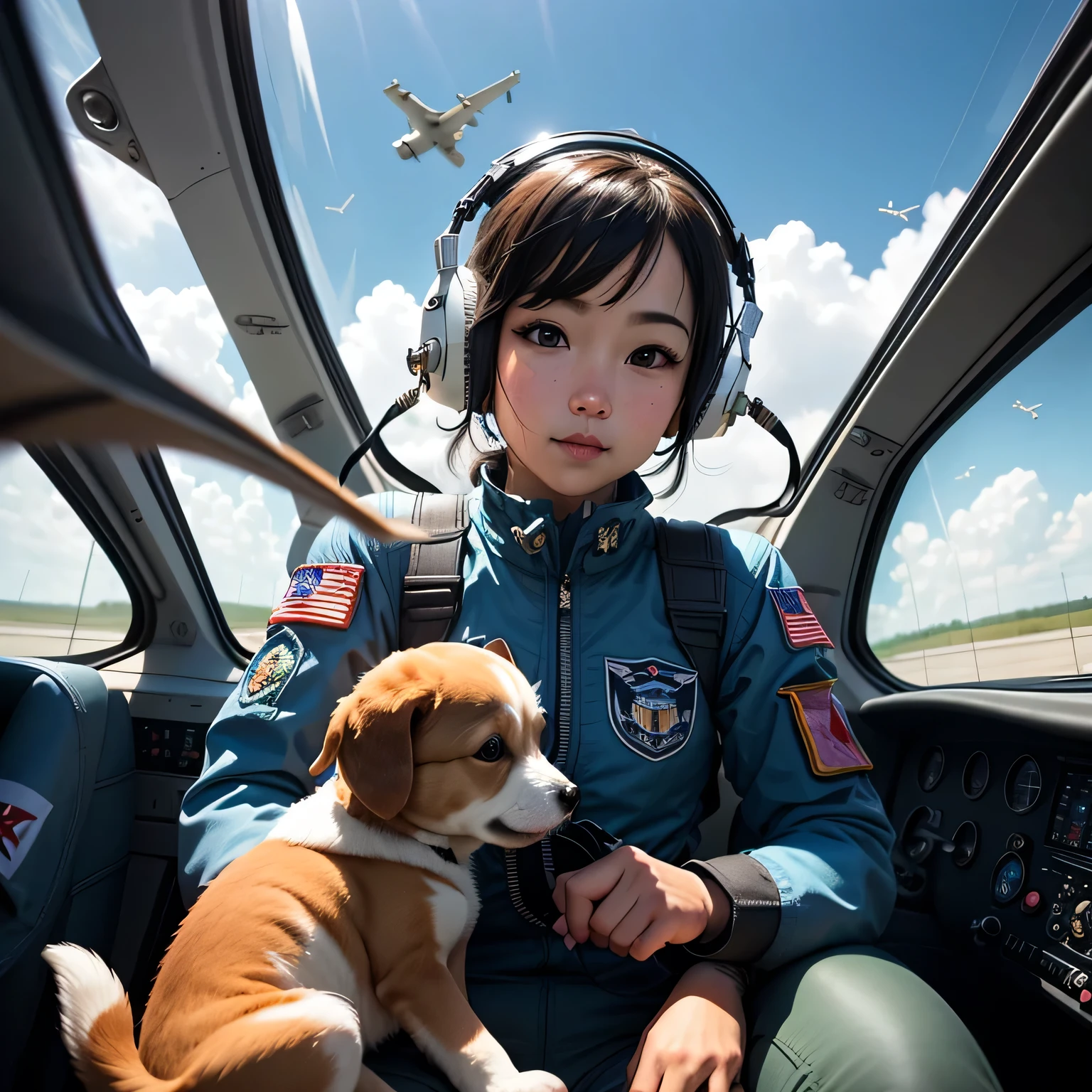 cockpit, 
One puppy、(Puppy fighter pilot flying in the sky:1.3)、(Puppy pilot wearing helmet and goggles sitting in the cockpit of a fighter jet)、(in flight:1.5)、(Above)、Put on a flight suit and sit in the cockpit of a fighter jet、(Military pilot uniform)、Advanced flight suit、(Puppy piloting a fighter jet)、A fighter jet approaching from the right rear、(Fighter jets fly past the window:1.2)、(blue sky、White clouds below)、RAW Photos、Realistic、(Super detailed:1.2)、(High resolution:1.2)、masterpiece、(Highest quality)、8k、Ultra-Details、Detailed animal anatomy