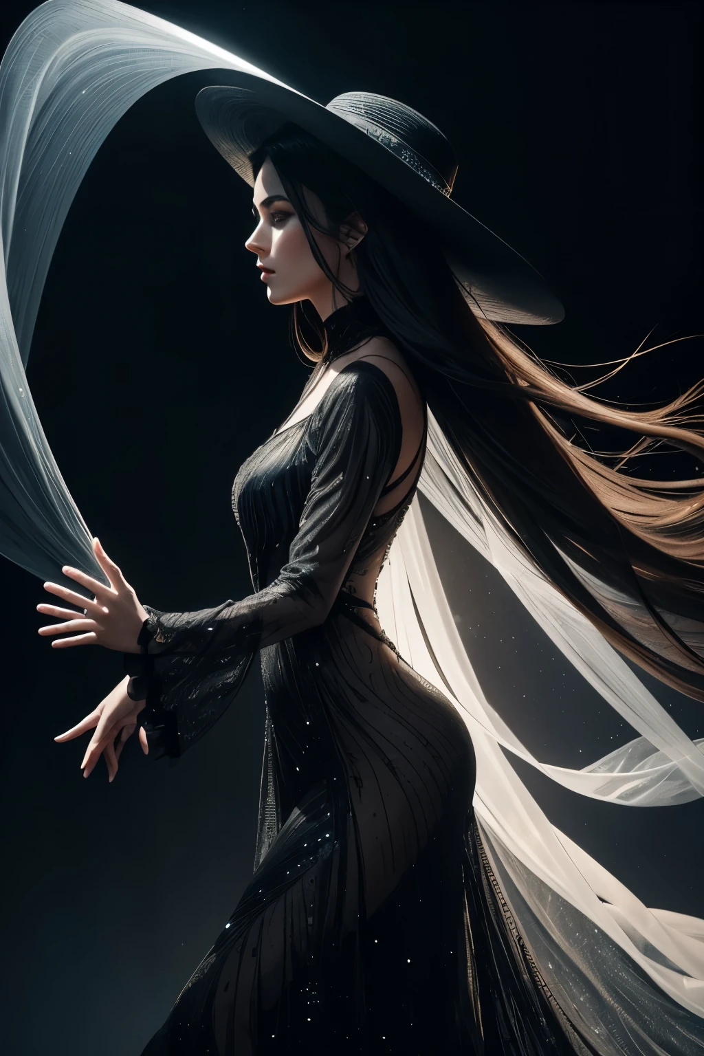 **Digital art image of a beautiful and gorgeous flamenco dancer, a stylized and ethereal figure of a person in profile. The woman is dressed in a flowing, translucent, tail-length dress that appears to be made of light, with intricate, shimmering lines outlining the fabric. The figure is also wearing a wide-brimmed hat that matches the luminous style of the dress. The background is a deep, dark, nuanced black color, which contrasts sharply with the bright, shimmering lines of the outfit, creating a striking visual effect. The overall composition is elegant and otherworldly, and emphasizes the delicate, flowing nature of the outfit**