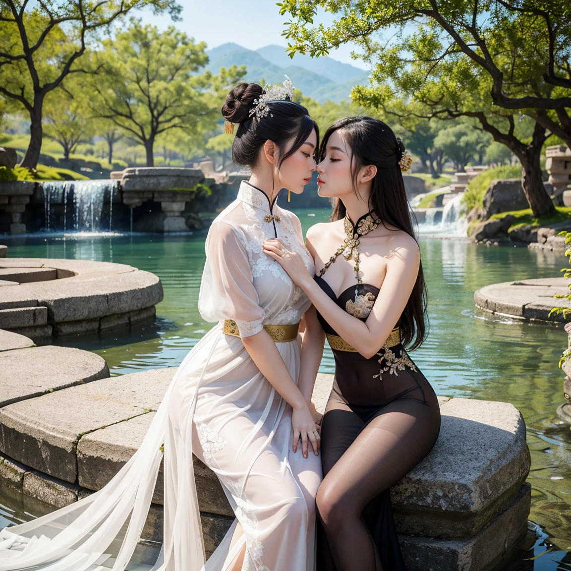 An ancient Chinese beauty sitting on a stone, (two gorgeous and stunning beauty is deeply in love with each other, kiss), wearing ancient Chinese clothing, flowing tulle, light silk, lazy posture, large lotus leaf, lotus, ink painting style, clean color, decisive cutting, blank, freehand, masterpiece, super detailed, epic composition, high quality, the highest quality, 4k, magnificent panorama view