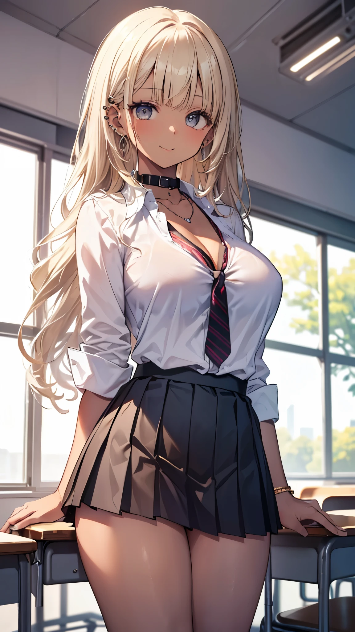 ((masterpiece、Highest quality、Very detailed))、One person、gyaru、((Brown skin:1.3))、Blonde、Long Hair、forehead、Grey Eyes、evil smile、((Grin))、((lots of piercing))、Large Breasts、((White collared shirt))、((clavicle))、((Black pleated skirt))、((micro miniskirt))、Cowboy Shot、Classroom Background