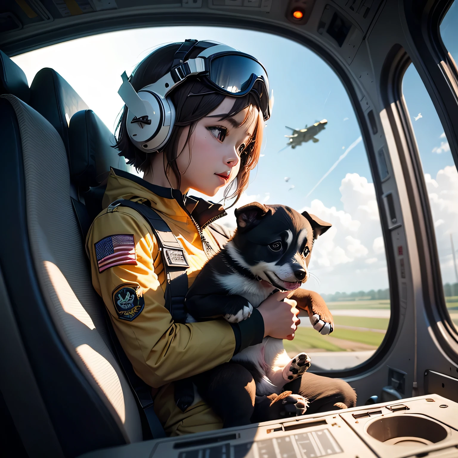 cockpit, 
One puppy、(Puppy fighter pilot flying in the sky:1.3)、(Puppy pilot wearing helmet and goggles sitting in the cockpit of a fighter jet)、(in flight:1.5)、(Above)、Put on a flight suit and sit in the cockpit of a fighter jet、(Military pilot uniform)、Advanced flight suit、(Puppy piloting a fighter jet)、A fighter jet approaching from the right rear、(Fighter jets fly past the window:1.2)、(blue sky、White clouds below)、RAW Photos、Realistic、(Super detailed:1.2)、(High resolution:1.2)、masterpiece、(Highest quality)、8k、Ultra-Details、Detailed animal anatomy