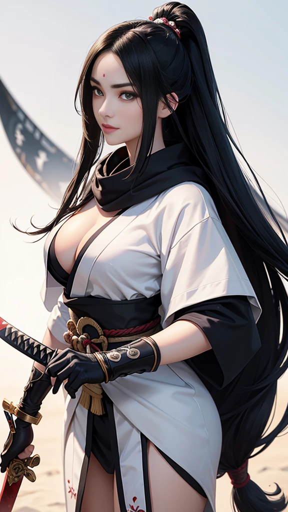 master piece,　best quality,　ultra detailed,　photorealistic,　voluptuous,　1 young girl,　fair skin,　pale skin,　long hair,　black hair,　smile,　mega breasts,　gorgeous bluck kimono,　cowboy shot,　looking up,　white background,　Japanese SAMURAI Armor：1.2,　No exposed skin、Wearing a long white scarf、grasping katana sword, Samurai, fighting stance 、Thick eyebrows、Slit eyes, long bloodstained sword,  disheveled long black hair、A proud, black-haired beauty standing on the battlefield beloved by the God of War.