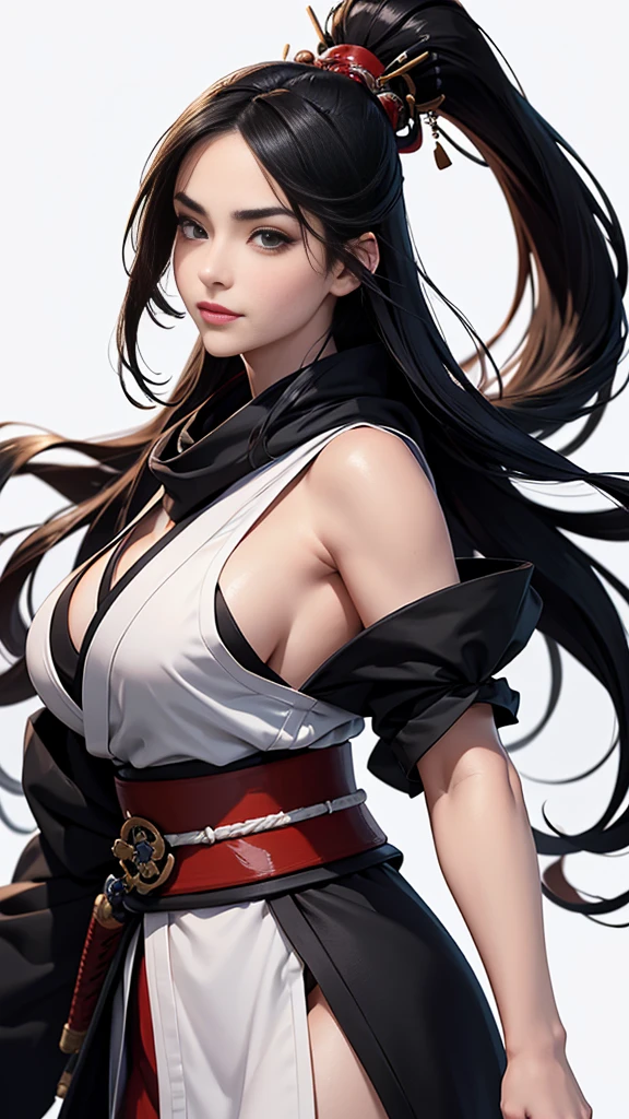 master piece, best quality, ultra detailed, photorealistic, voluptuous, ung girl, fair skin, pale skin, long hair, black hair, smile, mega breasts, gorgeous bluck kimono, cowboy shot, looking up, white background, Japanese SAMURAI Armor:1.2, No exposed skin、Wearing a long white scarf、grasping katana sword, Samurai, fighting stance 、Thick eyebrows、Slit eyes, long bloodstained sword, disheveled long black hair、A proud, black-haired beauty standing on the battlefield beloved by the God of War.