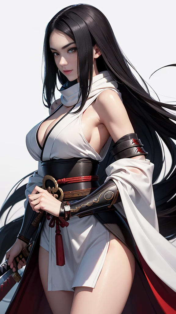 master piece, best quality, ultra detailed, photorealistic, voluptuous, ung girl, fair skin, pale skin, long hair, black hair, smile, mega breasts, gorgeous bluck kimono, cowboy shot, looking up, white background, Japanese SAMURAI Armor:1.2, No exposed skin、Wearing a long white scarf、grasping katana sword, Samurai, fighting stance 、Thick eyebrows、Slit eyes, long bloodstained sword, disheveled long black hair、A proud, black-haired beauty standing on the battlefield beloved by the God of War.