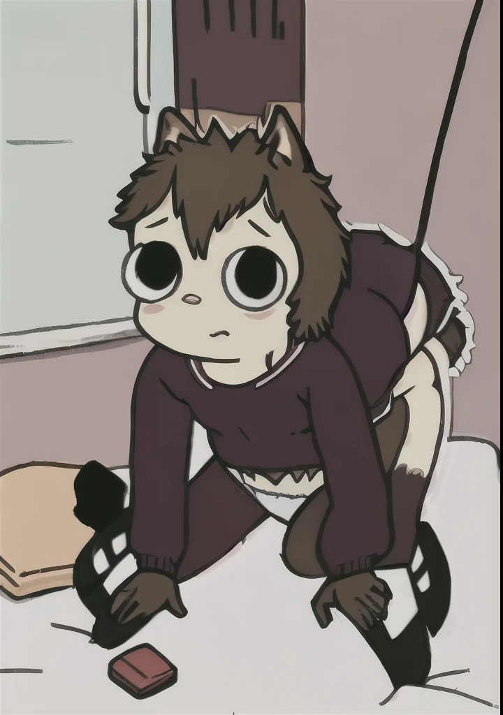 brown hair, brown fur, 1girl, 1 girl, solo, tiny animal ears, large pupils, detailed eyes, brown pupils, nervous, flat chested, full body, wearing white frilly panties and training bra, on bed, in bedroom, soft shading, score 7 up, score 6 up, score 5 up