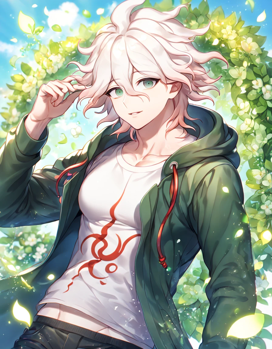 Ultra detailed, HDR, Highres, absurdres, master piece, Komaeda Nagito, white hair, expressive light gray-green eyes, green coat with hoodie, white tight shirt, Danganronpa, sexy man, handsome, flowers, petals, fantasy, magical, green leaves, summer, handsome, sensual, best quality, glittering, solo, manly man, water