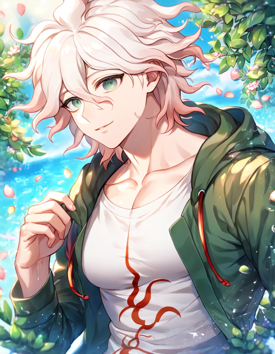 Ultra detailed, HDR, Highres, absurdres, master piece, Komaeda Nagito, white hair, expressive light gray-green eyes, green coat with hoodie, white tight shirt, Danganronpa, sexy man, handsome, flowers, petals, fantasy, magical, green leaves, summer, handsome, sensual, best quality, glittering, solo, manly man, water