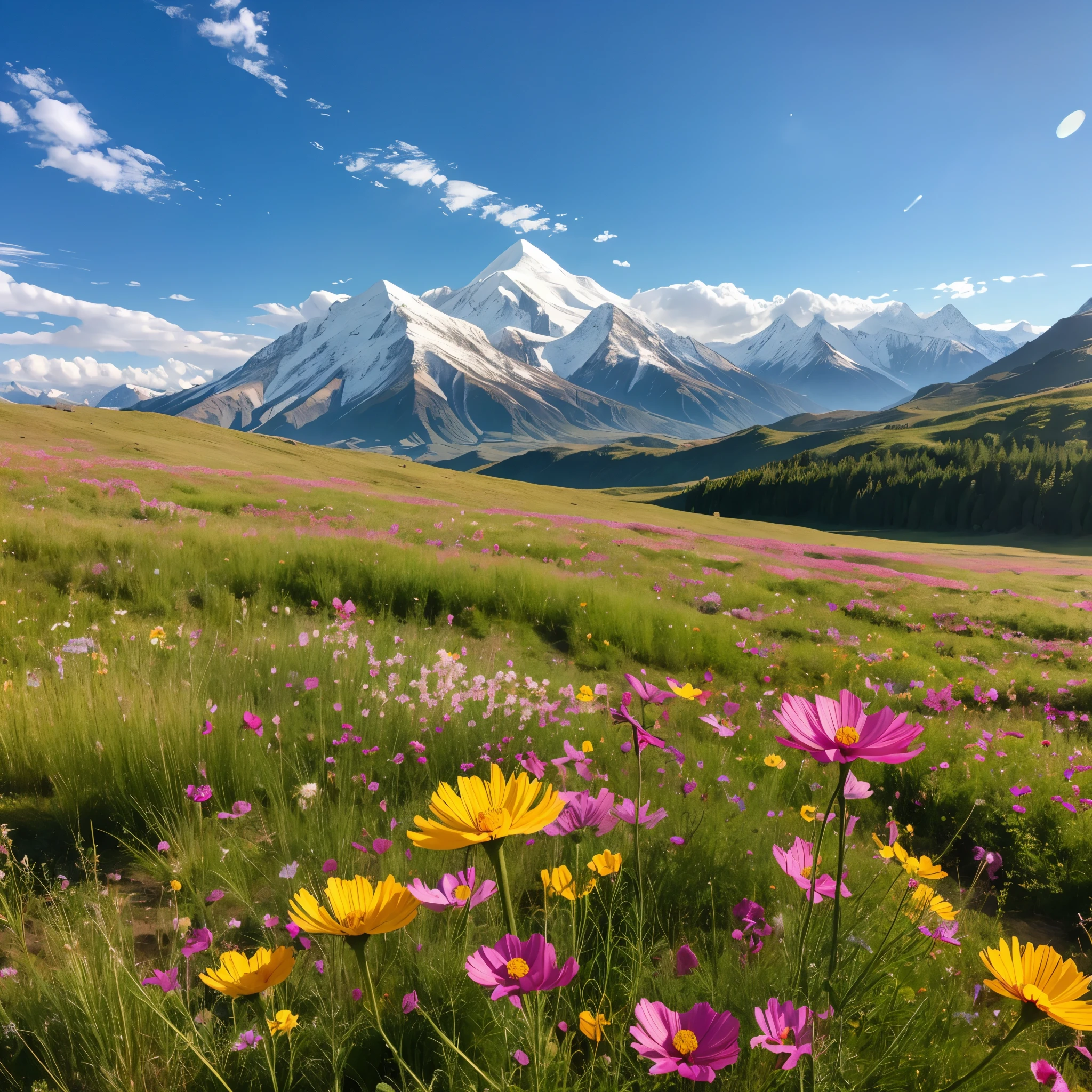 Beautiful cosmos in the front row Vast cosmos field plateau Soft sunlight behind the male々Beautiful Mountains