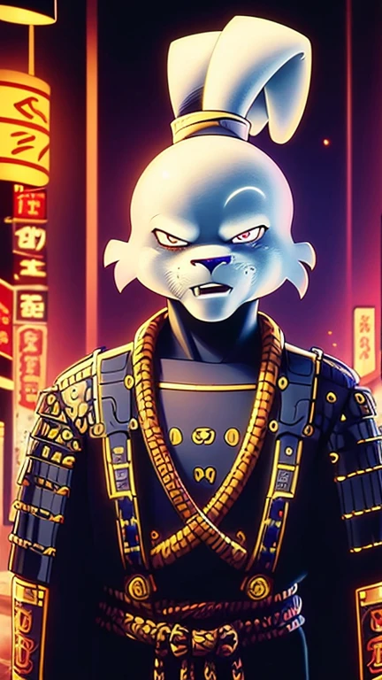 (usagi yojimbo), (extremely detailed CG unit 8k wallpaper),(master part), (best quality), (ultra detail), (best illustration),(C7b3rp0nkStyle), cowboy shot, (Sharp eyeliner, ombre, detail eyes:1), neon light indoors background ,break , (Samurai
Cybernetic), upper body,