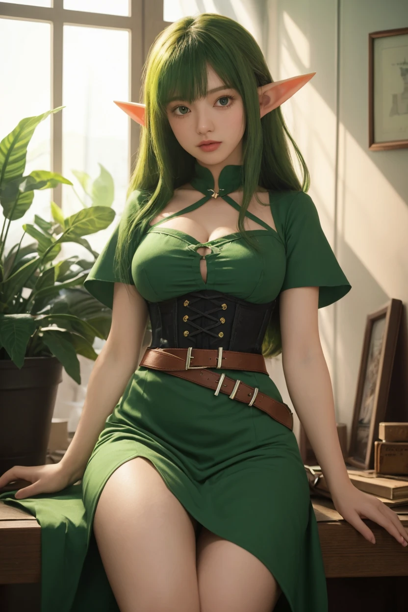 (Female wizard), beatiful girl, Brown hair, thin girl, thin waist, small , slender legs, gap between thighs, (witch hat), stockings, elbow gloves, short dress, (green dress), (skirt lifted by herself), (no pantieboy shot ,medieval fantasy, D&D, RPG, best quality, masterpiece, ultra-realistic, 8k, nsfw,