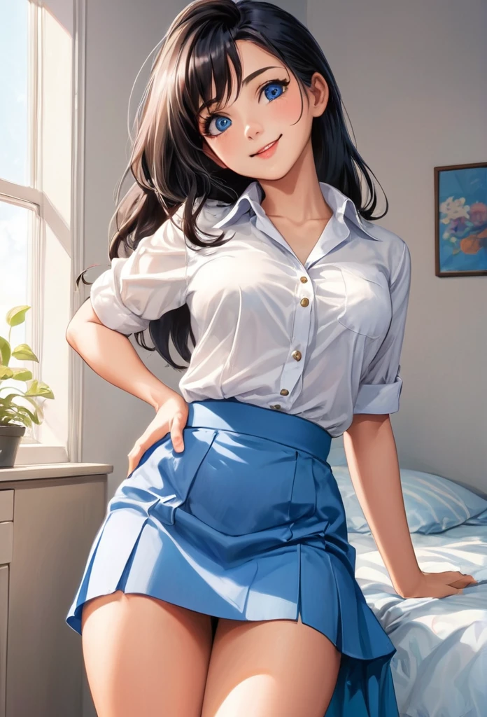 detailed illustration (side view),dynamic angle, ultra-detailed, illustration, pose for the camera, smiling at viewer, clean line art, shading, anime, detailed eyes, detailed face, beautiful face, (1 girl: 1.2), anime, full body, POV from below looking up at woman,
(tight button up white blouse:1.5), cleavage, (leg length blue skirt:2.0), bedroom eyes, come hither eyes, 1950’s style kitchen, long black hair, (well endowed: 1.8), sexy wholesome, motherly, nurturing, MILF, thick, curvy, hourglass body shape, dummy thicc,