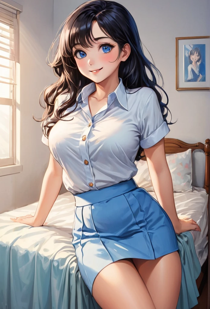 detailed illustration (side view),dynamic angle, ultra-detailed, illustration, pose for the camera, smiling at viewer, clean line art, shading, anime, detailed eyes, detailed face, beautiful face, (1 girl: 1.2), anime, full body, POV from below looking up at woman,
(tight button up white blouse:1.5), cleavage, (leg length blue skirt:2.0), bedroom eyes, come hither eyes, 1950’s style kitchen, long black hair, (well endowed: 1.8), sexy wholesome, motherly, nurturing, MILF, thick, curvy, hourglass body shape, dummy thicc,