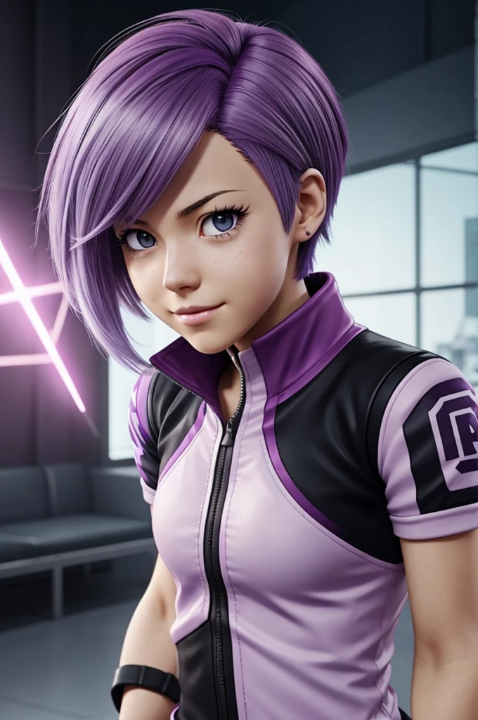 Screenshot of my hero academia.
Girl with lilac hair with black highlights, slightly noticeable dark circles with short straight hair