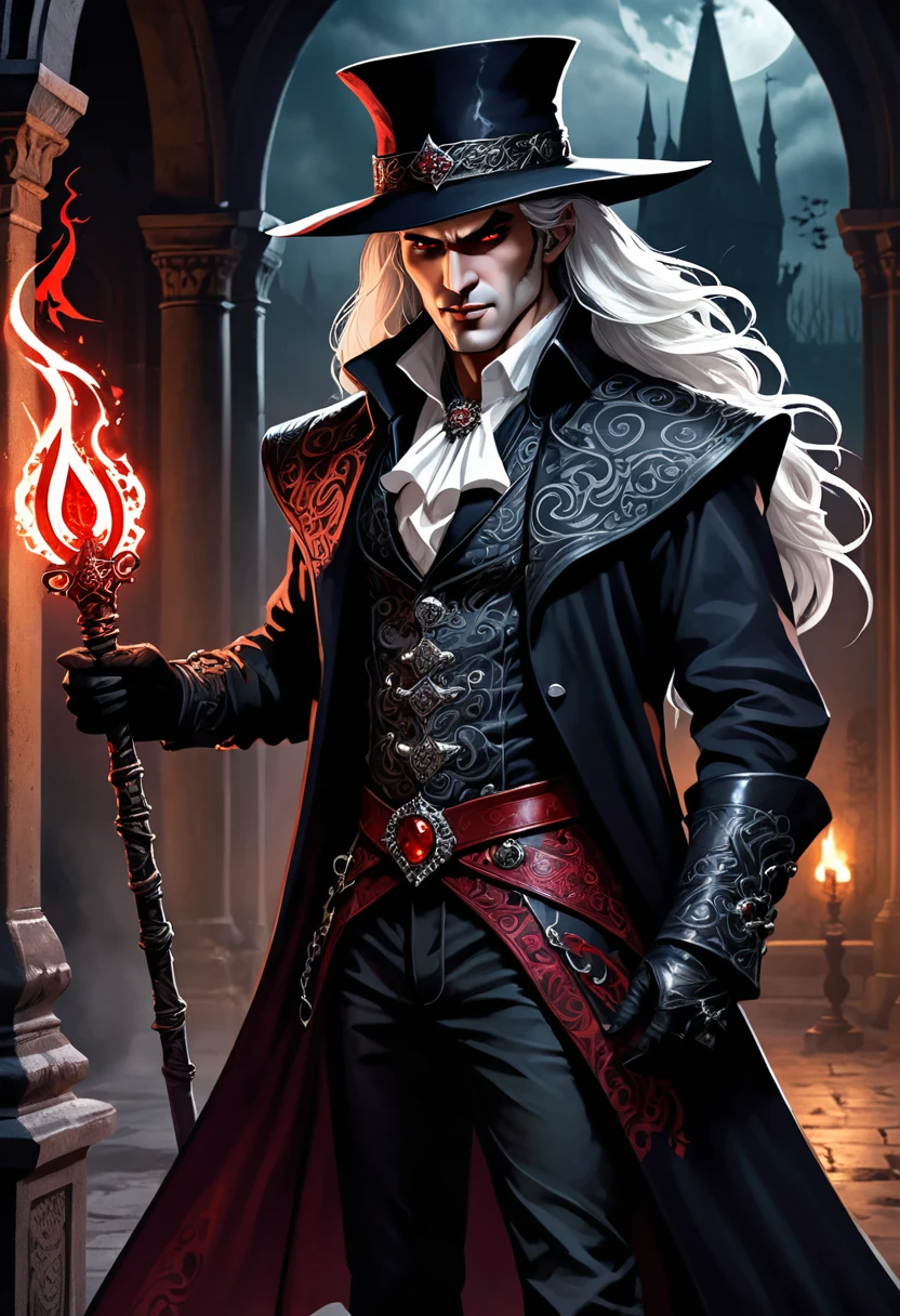 In a dark, gothic setting with ornate stone arches in the background, stands a formidable vampire hunter, embodying a mix of fierce determination and elegance. He wears a broad-brimmed hat adorned with a ruby and intricate metallic designs, framing his long, flowing white hair. His piercing gaze is intense, focused on his mission. Dressed in a richly detailed, leather-bound outfit, his coat is decorated with intricate patterns and fastened with numerous ornate buttons. In one gloved hand, he grips a whip that ignites with a mystical, fiery glow. Behind him looms a ferocious, snarling vampire with elongated fangs and wild, windswept hair, adding a sense of imminent danger. The overall scene exudes a sense of dark fantasy and adventure, perfect for a story or game set in a world of supernatural battles and heroic quests.