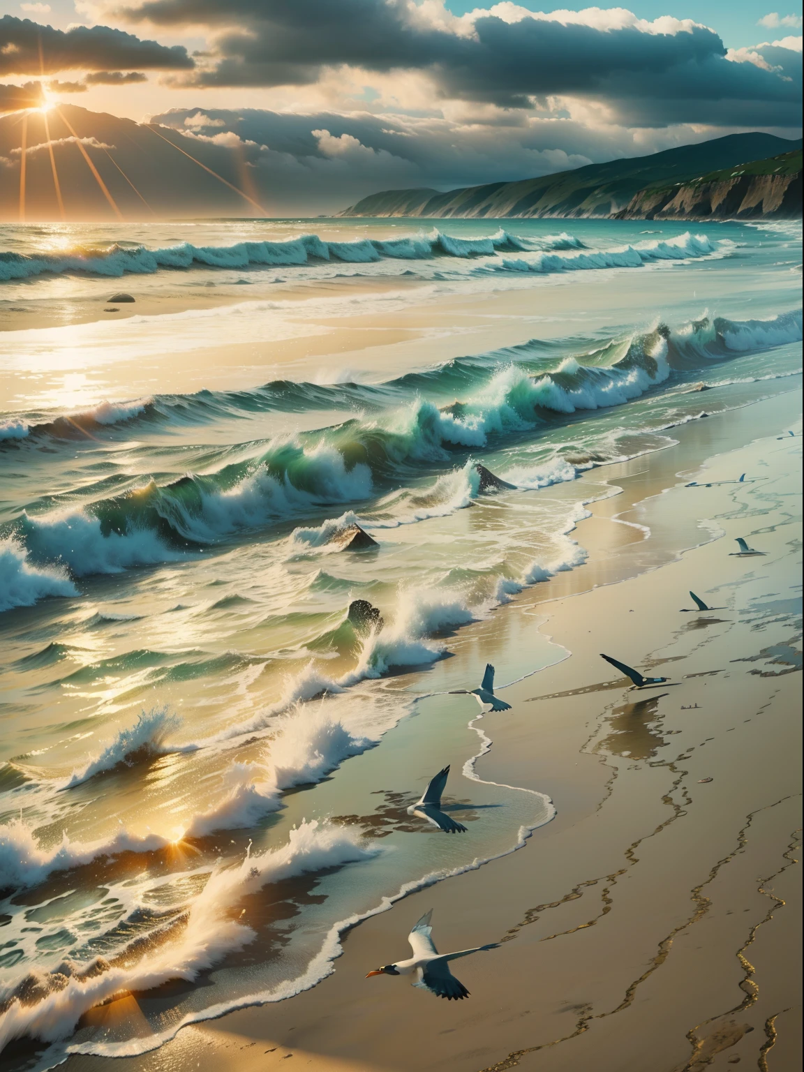 A beautiful sandy beach with gentle waves rolling in from the ocean. The sky is a brilliant blue with a few fluffy white clouds. The sun is shining brightly, casting a warm glow over the entire scene. Seagulls can be seen flying overhead and occasionally landing near the shore. The waves create a soothing, rhythmic sound as they crash against the beach. The sand is dotted with seashells and footprints, and the water is crystal clear, reflecting the sunlight.