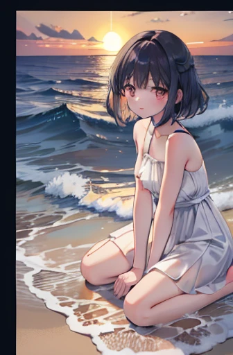 Hotaru Tomoe wearing a sleeveless summer dress (bare arms and bare shoulders) while kneeling at a beach in the late afternoon,Beautiful and delicate face,staring at the viewer, the sun is setting over the sea,the sea is awash in beautiful colors, Strong light and dark,Tyndall effect,Tyndall lighting enhancement,Tyndall effect strengthens,light rendering,ray tracing,light reflections,8k,Super fine,Extreme details,dynamic perspective