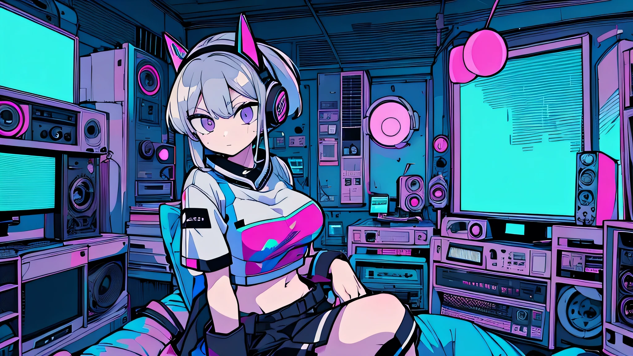 Best quality, (masterpiece), best detail face,1 girl, natural breasts, 18 yo, 8k,absurdres,unity 8k wall paper,(extremely detailed:1.3), highest realistic, (retro headphones:), (soft neon light:), (psychedelic), Her room full of music equipment and records, sports wear , See the whole room , dark grey color pallet, silver hair, pony tail hair