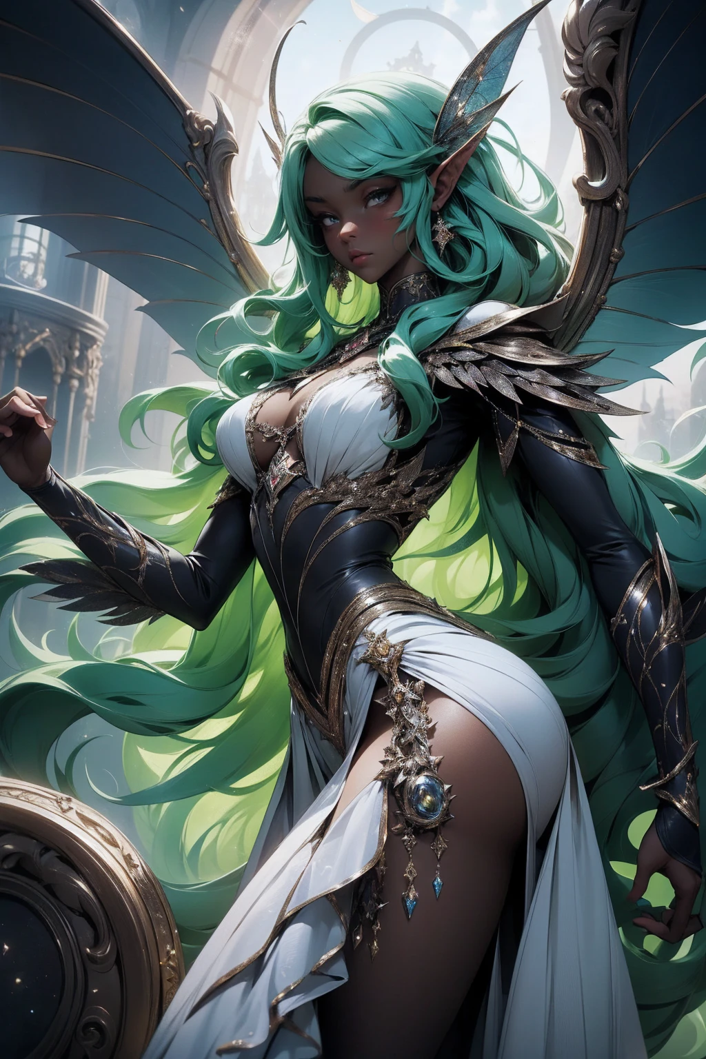 (Absurd, high quality, ultra -compared, careful with the hand) fairy, fairy wings, dreamer body, vivid, romantic and all. Optimistic face, just lies, without entry and intellectual. Reckless style, cold heart, impatient and too confident. Gray eyes, ripe and dark (eyes of the eyes), enchanted fairy (pixie) . Wearing white clothes, medium curly hair, green hair. In the carnival row illustration, flying, dancing lithgly, Whole body, black skin (black skin)