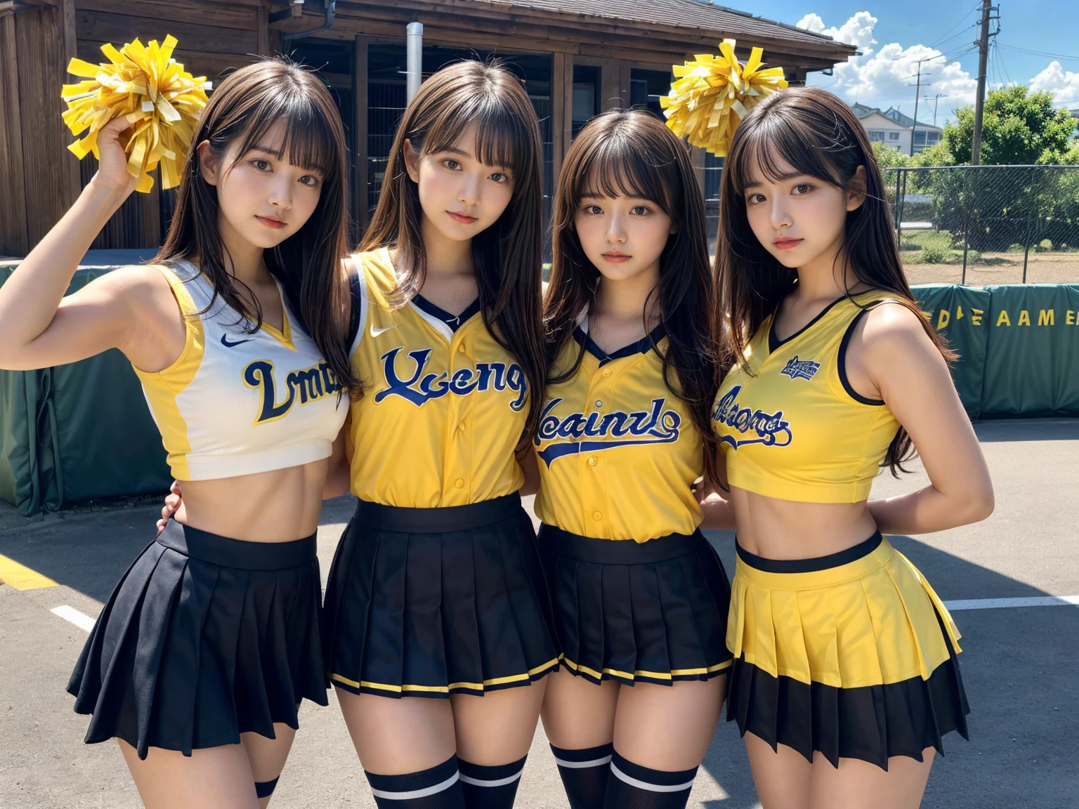 masterpiece, best quality, illustration, Super detailed, fine details, High resolution, 8K,wall paper, perfect dynamic composition,(Details High quality, realistic depiction of eyes:1.3), (3 girls), BREAK (cheerleader uniform with yellow as basic color:1.3), (holding a yellow pompoms in hand:1.4), (sleeveless yellow tunic with baseball team logo:1.4), yellow tops, (bold V-neck:1.3), ((Blue lines, black lines) on tops:1.3), ((fit and flare, A-line):1.3), (A-line yellow rah-rah skirt:1.3), mini skirt, (black socks:1.3), (sports shoes:1.2), sitting, open legs, short bob hair, in a hotel room in the background, deep on field, large breasts, black hair color, Big Natural Color Lip, (perfect body shape), crying a little、Harajuku style、20 year old girl、cute type、beautiful legs, Gravure Idol