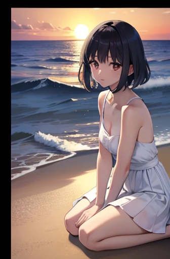 Hotaru Tomoe wearing a sleeveless summer dress (bare arms and bare shoulders) while kneeling at a beach in the late afternoon，Beautiful and delicate face，staring at the viewer, the sun is setting over the sea，the sea is awash in beautiful colors, Strong light and dark，Tyndall effect，Tyndall lighting enhancement，Tyndall effect strengthens，light rendering，ray tracing，light reflections，8k，Super fine，Extreme details，dynamic perspective