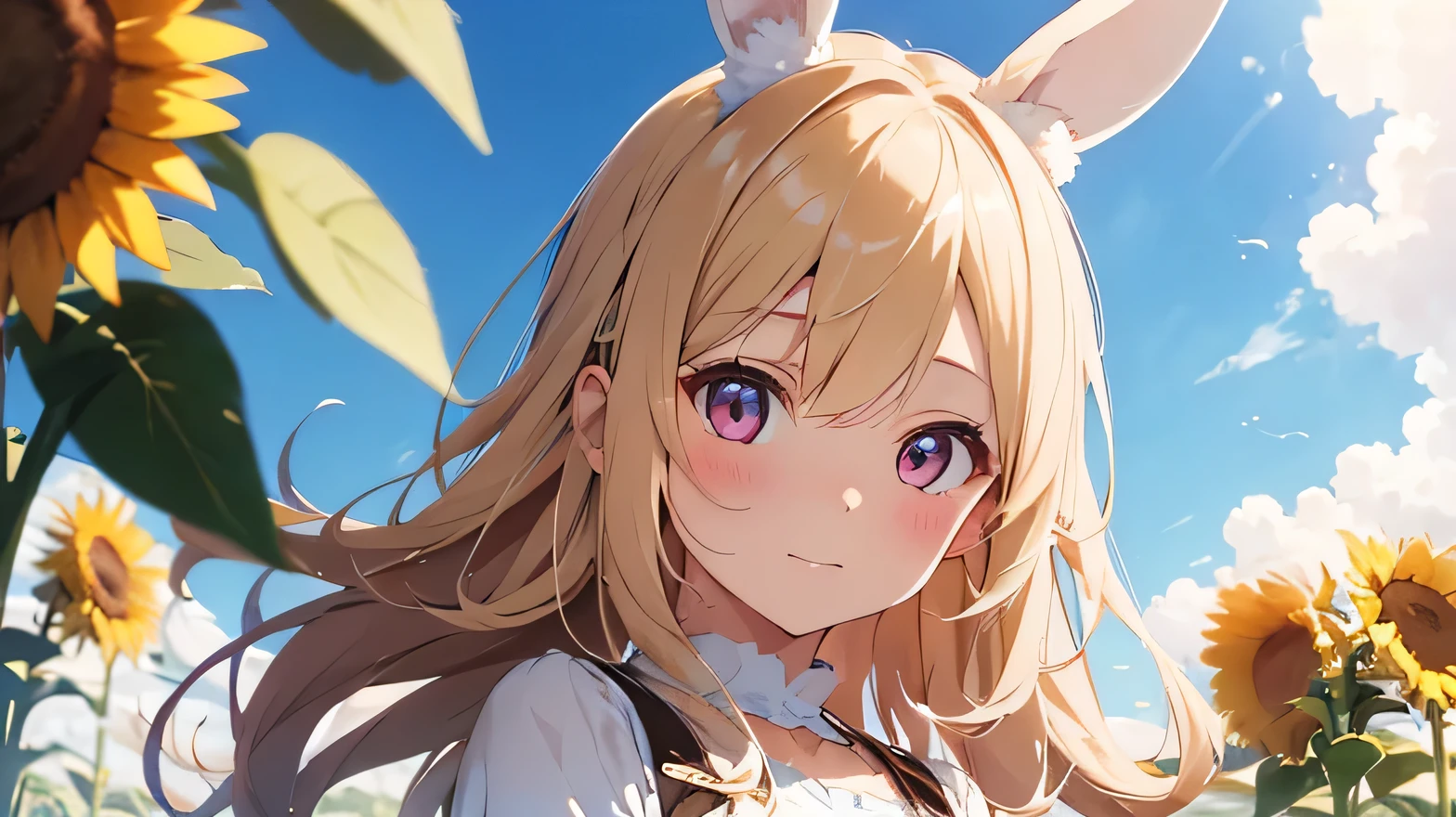Highest quality, pretty girl, pastel colour, Fluffy bunny ears, Golden Hair,Pale pink eyes、sunflower、blue sky