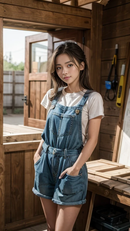 A young woman at the entrance of a carpentry workshop