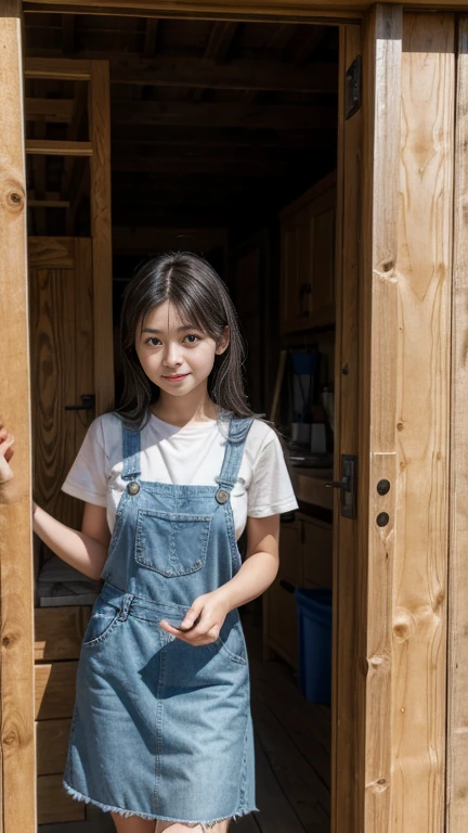 A young woman at the entrance of a carpentry workshop