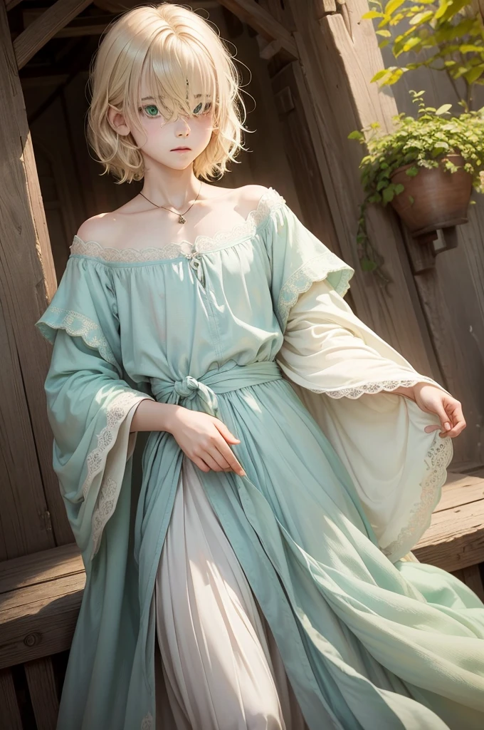 medieval fantasy, delicate and slight young diviner, short, shota, ************, boyish charm, youthful appearance, ethereal grace, pale skin, large expressive green eyes, look of vulnerability and curiosity, sandy blonde hair, hair over eye, shy, nervous, timid, simple yet elegant robes of muted colors, favoring soft blues and greens