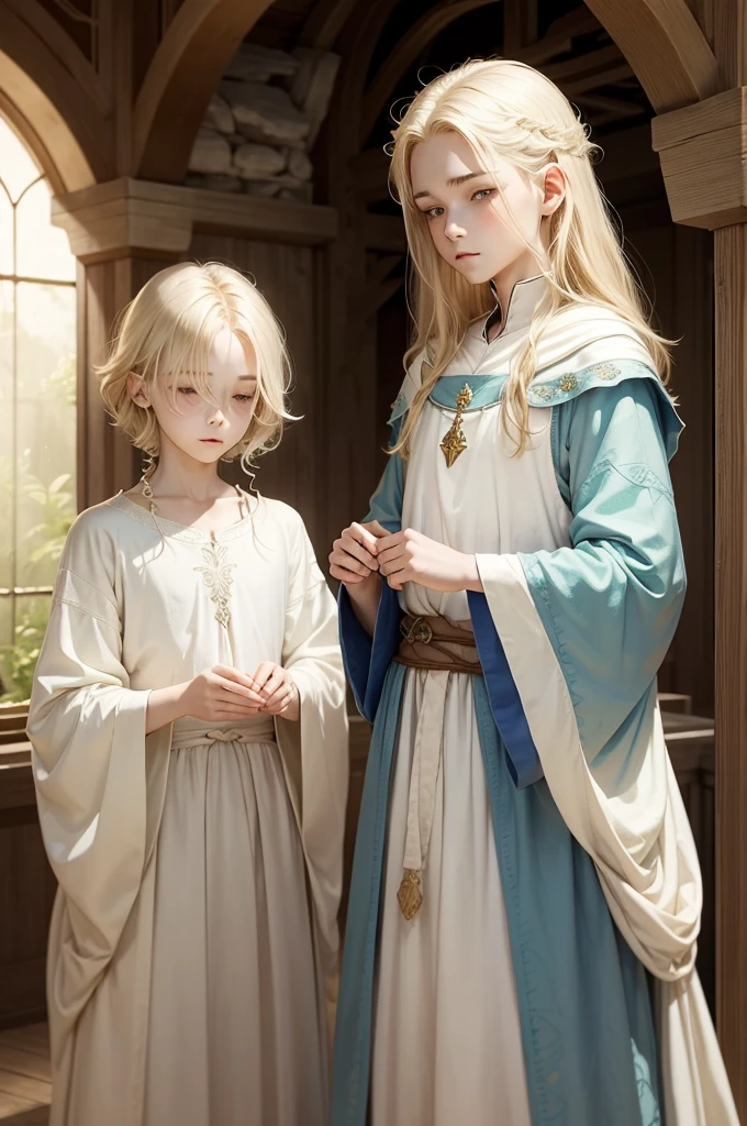 medieval fantasy, delicate and slight young diviner, short, shota, ************, boyish charm, youthful appearance, ethereal grace, pale skin, large expressive green eyes, look of vulnerability and curiosity, sandy blonde hair, hair over eye, shy, nervous, timid, simple yet elegant robes of muted colors, favoring soft blues and greens