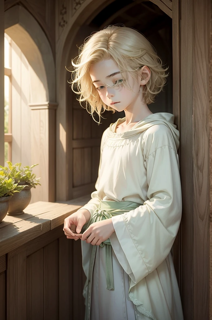 medieval fantasy, delicate and slight young diviner, short, shota, ************, boyish charm, youthful appearance, ethereal grace, pale skin, large expressive green eyes, look of vulnerability and curiosity, sandy blonde hair, hair over eye, shy, nervous, timid, simple yet elegant robes of muted colors, favoring soft blues and greens