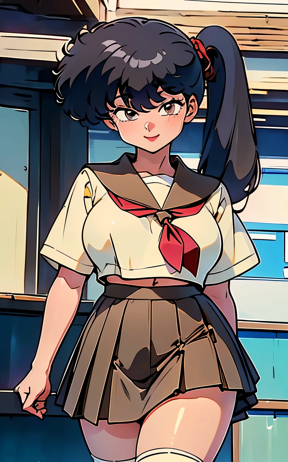 (((masterpiece, Highest quality, case)))), High resolution、８ｋ、1990s、1 girl,alone, kodachi kuno (, Black hair side ponytail Japanese school attire(( A short-sleeved cream-colored sailor suit,Brown collar、Brown pleated skirt,Alloy white T-shaped, Socks skin color(light brown)))), Huge breasts, beautiful girl,Bright smile、White knee-high socks、I can see your belly、Detailed skin, Autora Rumiko Takahashi